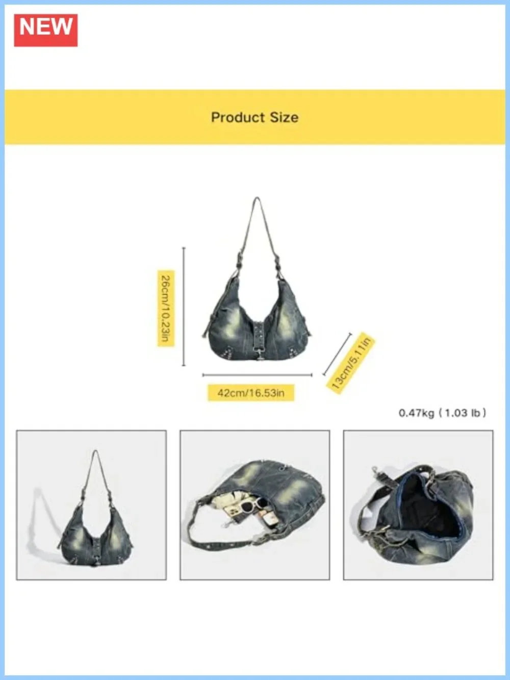 Denim Purse Soft Jean Handbag Crossbody Tote Hobo Shoulder Bag Y2K Zipper